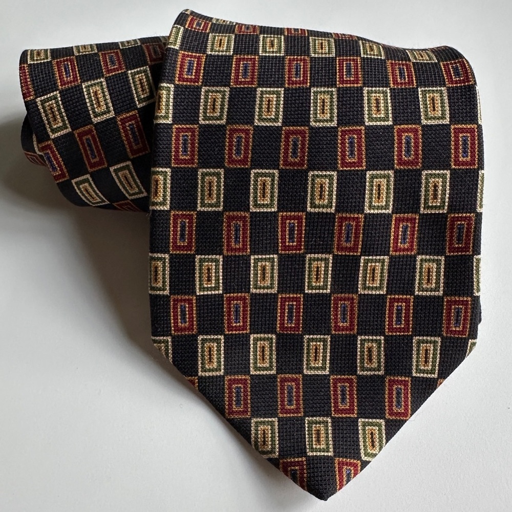 L5 Limited Vintage Italian Silk Navy and Geometric Design Tie